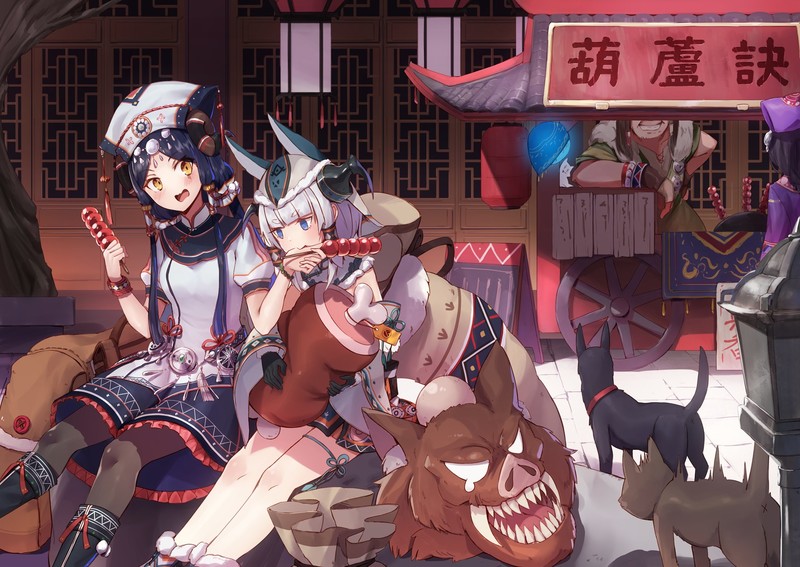 anime, anime girls, digital art, artwork, portrait, long hair, original characters, black hair, short hair, white hair, blue eyes, green eyes, food, anime girls eating, open mouth, hat, Fox ears, animal ears, cats, dog