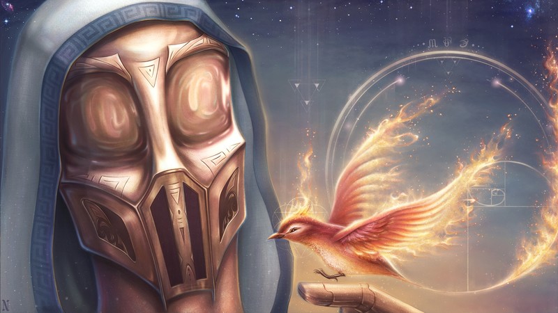 mask, mythology, alchemy, fantasy art, character design, magic, phoenix, fire, Sickick Music, fan art