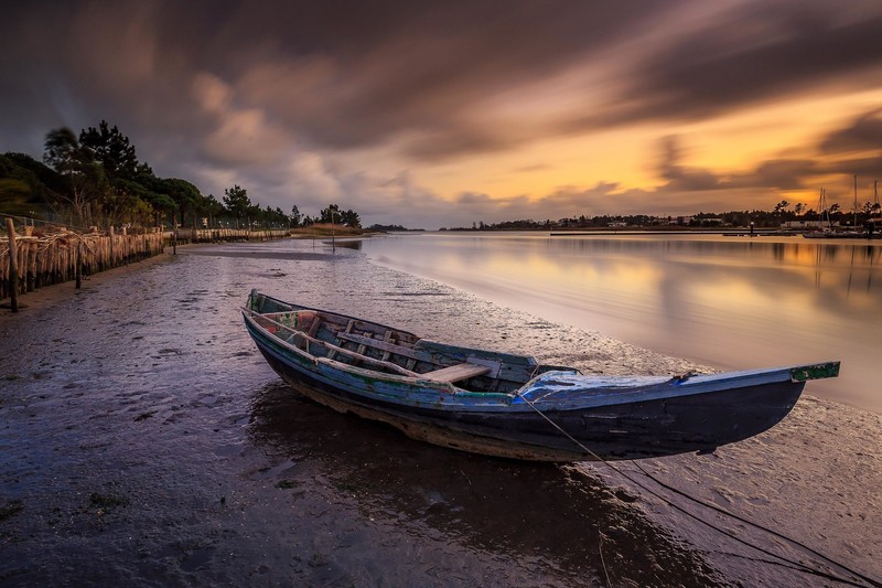 sky, clouds, outdoors, boat, water, riverside, long exposure, river, landscape, sunset
