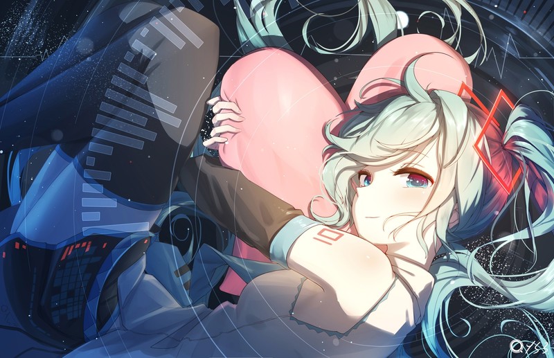 anime, anime girls, digital art, artwork, 千夜QYS3, Vocaloid, Hatsune Miku, blue hair, blue eyes, ponytail, long hair, skirt, space, socks, smiling