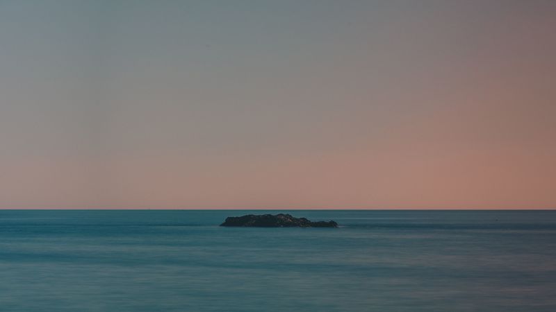 island, sea, horizon, sunset, 4k