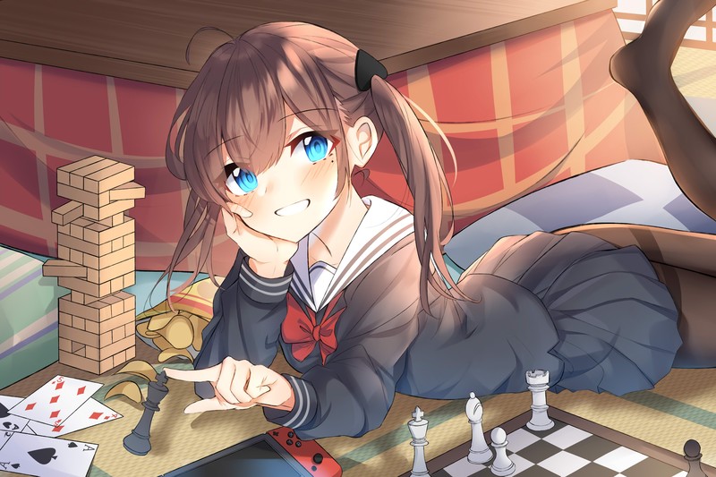anime, anime girls, digital art, artwork, chess, console, cards, original characters, skirt, school uniform, brunette, blue eyes, ponytail, food, long hair, socks