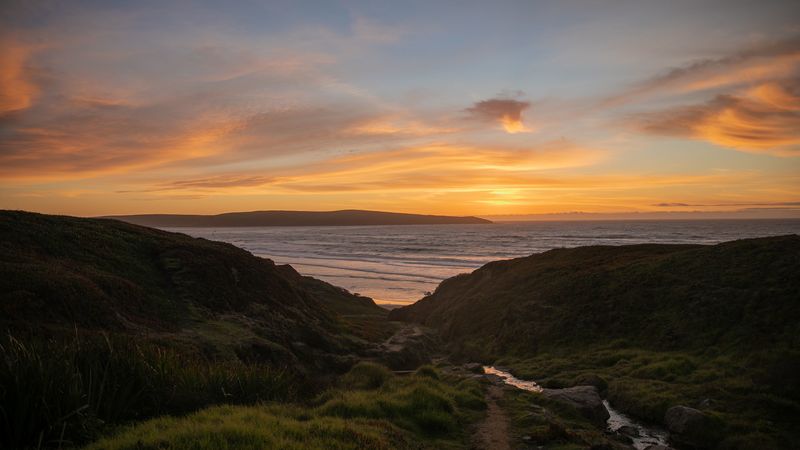 sea, coast, sunset, horizon, grass, 4k