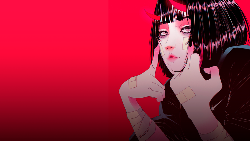 drawn, women, demon horns, horns, black hair, short hair, bob hairstyle, red, digital art, demon girl, Oni, black nails, bandage, bangs