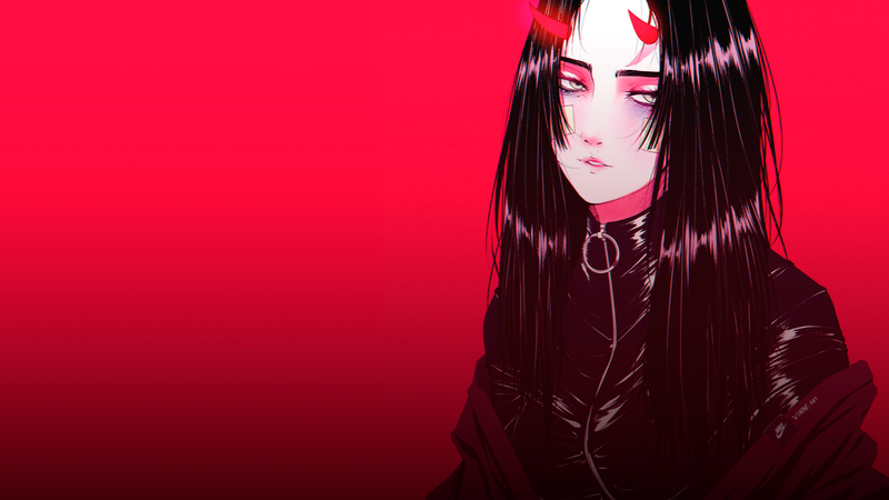 drawn, women, demon horns, horns, black hair, long hair, red, digital art, demon girl, Oni, bodysuit, latex bodysuit