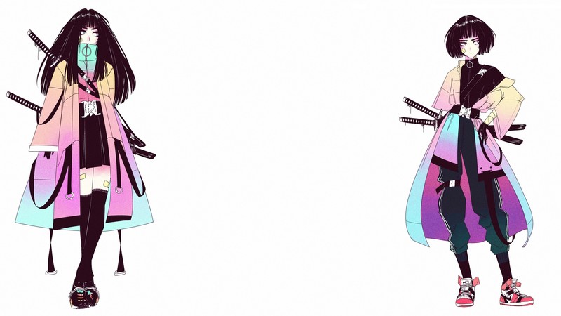 drawn, women, black hair, katana, short hair, bob hairstyle, long hair, white background, digital art, overcoats, belt