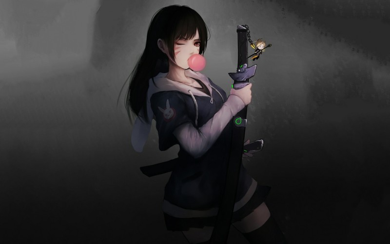 women, sword, bubble gum, artwork, digital art, Overwatch, D.Va (Overwatch), MX shimmer