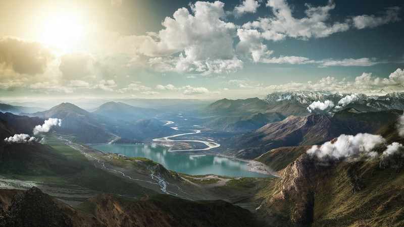 landscape, mountains, lake, clouds, nature