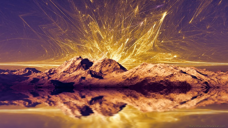 mountains, fractal, surreal, landscape, fantasy art, digital art, sunburst, Sun, sunrise, sunset, water, lake, reflection