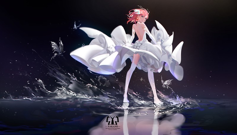 anime girls, Nakano Nino, 5-toubun no Hanayome, short hair, blue eyes, socks, white dress, smiling, white lingerie, reflection, butterfly, choker, elbow gloves, garter belt, water, pink hair