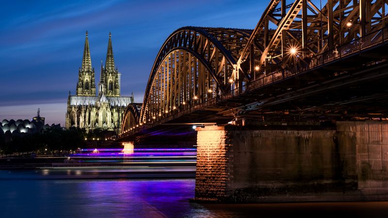night city, architecture, bridge, city lights, cologne, germany, 4k