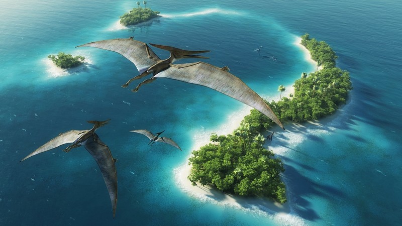 dinosaurs, nature, landscape, artwork, digital art, Pteranodon, sea, island, trees, forest, aerial view