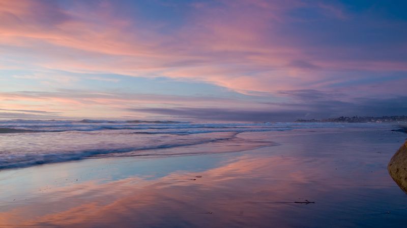 ocean, shore, beach, sky, california, 4k