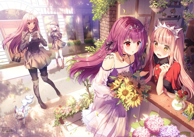 anime girls, artwork, portrait, long hair, white hair, skirt, dress, flowers