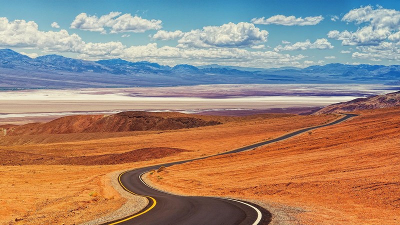 Death Valley, road, clouds, mountains, orange, blue, white, rocks, far view