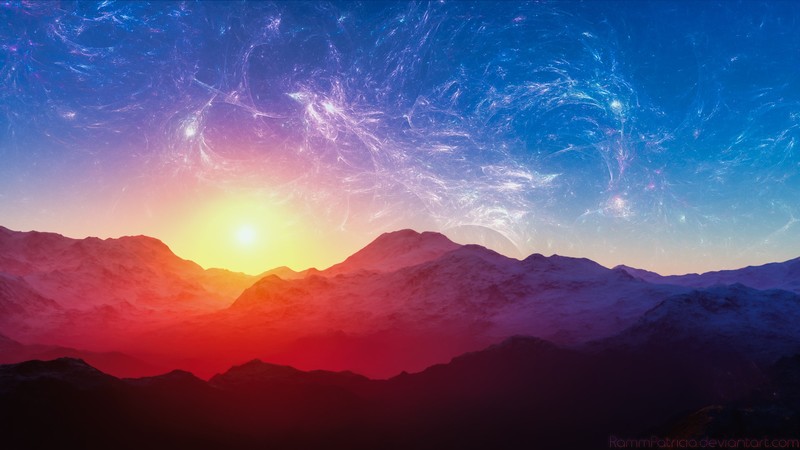 mountains, snowy mountain, landscape, sunrise, sunset, fractal, abstract, surreal, fantasy art, digital art