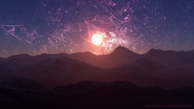 mountains, Moon, digital art, sky, landscape, nature, DeviantArt, RammPatricia