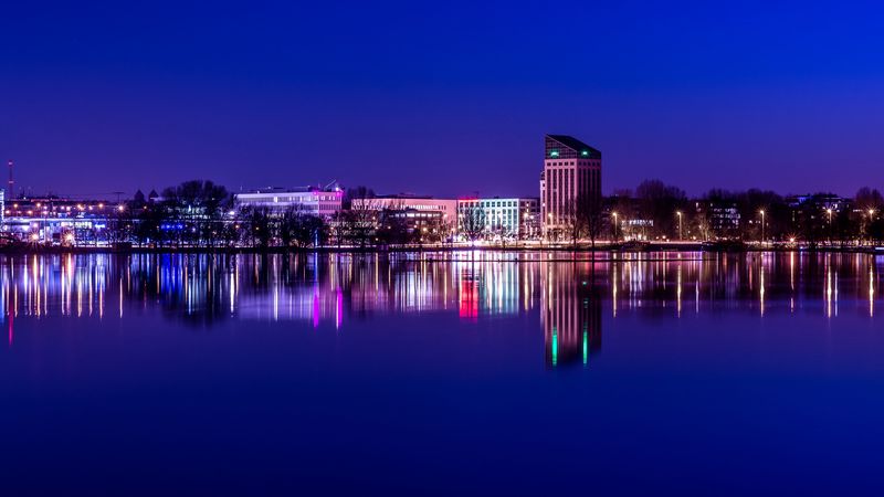 night city, panorama, reflection, nuremberg, germany, 4k