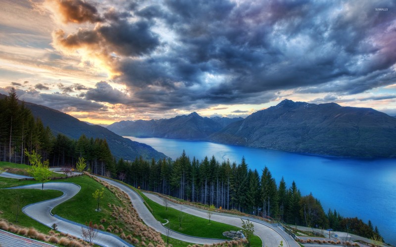 nature, landscape, lake, turquoise, trees, mountains, clouds, sunset, road