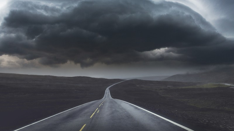 road, sky, landscape, clouds, asphalt, plains, storm, gloomy