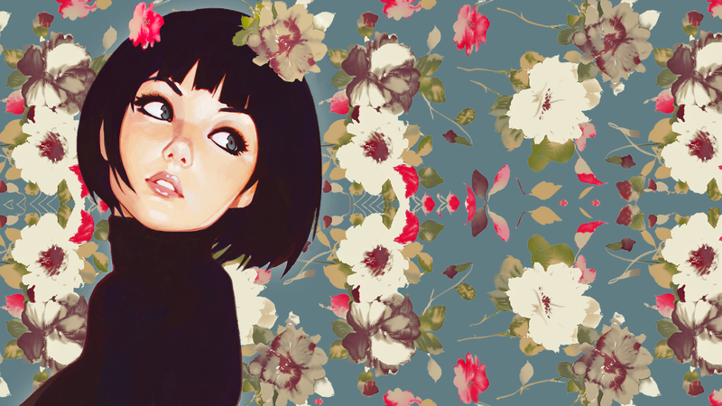 women, flowers, portrait, blue eyes, face, dark hair
