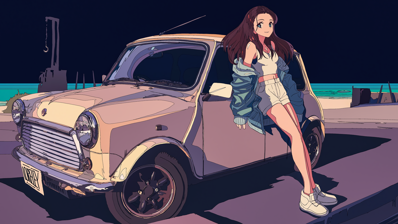 anime, anime girls, car, cel shading