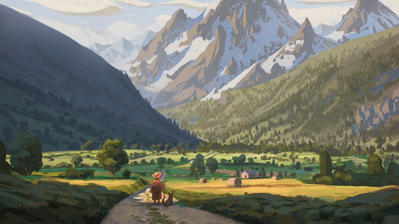 anime, mountains, landscape, painting