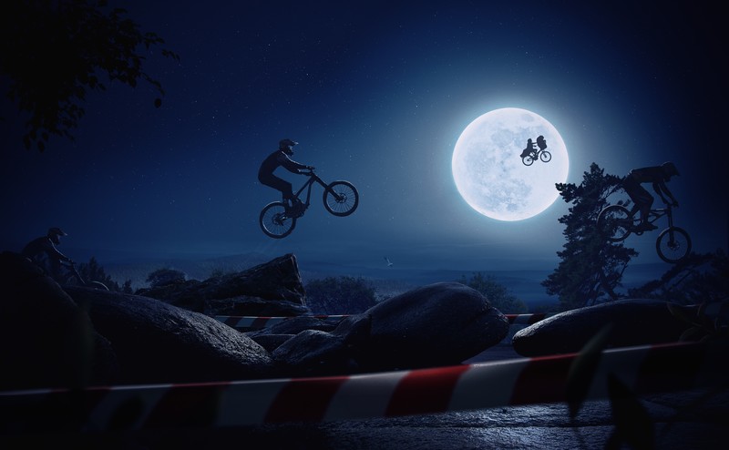 digital, digital art, artwork, fantasy art, Photoshop, photo manipulation, photomontage, night, sky, bicycle, biker, bikes, people, stars, starry night, silhouette, mountain bikes, rocks, Moon, moon rays, moonlight, landscape, E.T., illustration