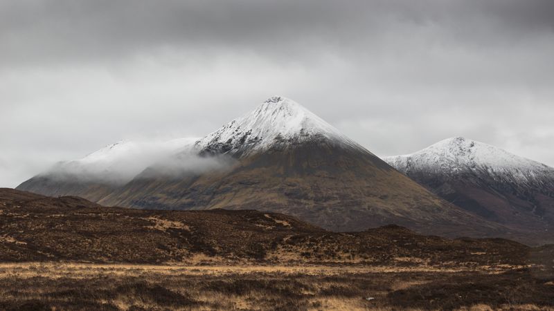 mountain, peak, fog, snowy, clouds, 4k