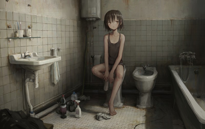bathroom, looking away, socks, apartment, original characters, anime girls