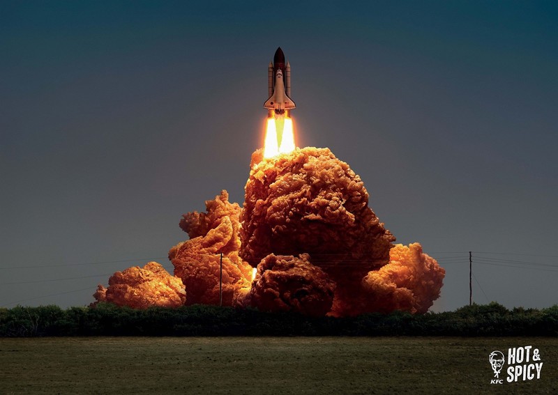 space shuttle, rocket, fire, Chicken, fried chicken, KFC, humor, commercial