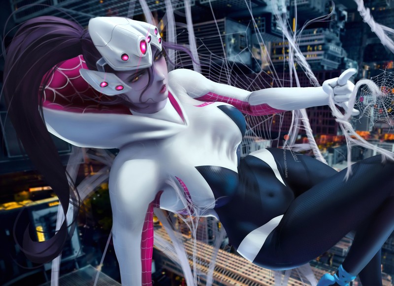 digital, digital art, artwork, futuristic, Overwatch, video game art, game art, video games, fictional, fictional character, Spider-Gwen, Spider Gwen, Gwen, widowmaker, Widowmaker (Overwatch), fan art, crossover, drawing, painting, digital painting, Marvel Comics, Blizzard Entertainment, illustration, comics, cosplay