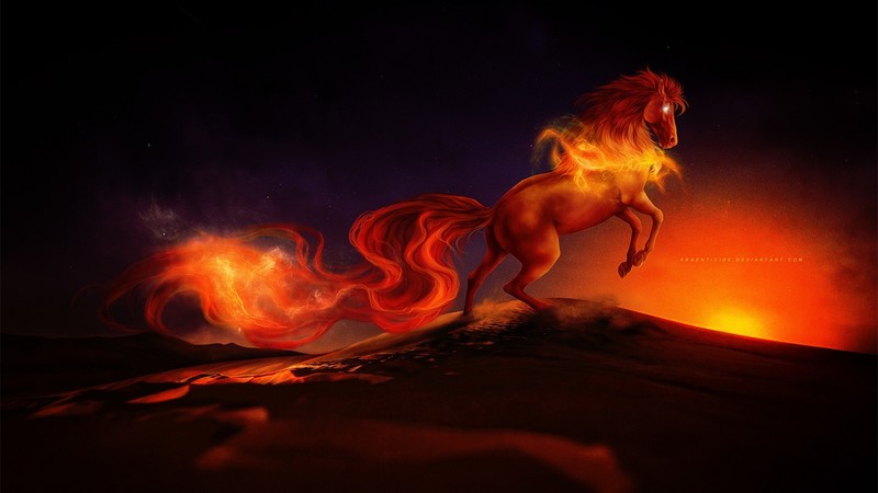 artwork, digital art, fantasy art, horse, animals, fire, fictional creatures