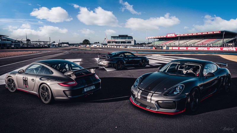 Porsche, Porshe 911 GT3, Porsche Cayman GT4, Porsche Cayman, Porsche 911 GT3 RS, race tracks, car, German cars, Gran Turismo, Gran Turismo Sport, PlayStation, PlayStation 4, grey, red, black, racing stripes, livery