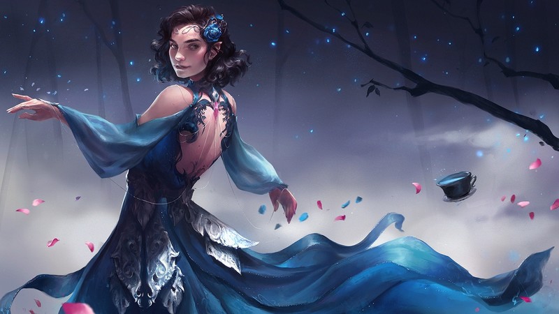 artwork, fantasy art, fantasy girl, women, brunette, short hair, dress, blue dress, flowers, flower in hair, elves