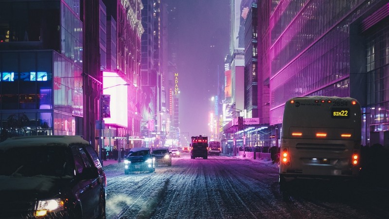 city, night, road, car, snow, winter, building, neon, New York City