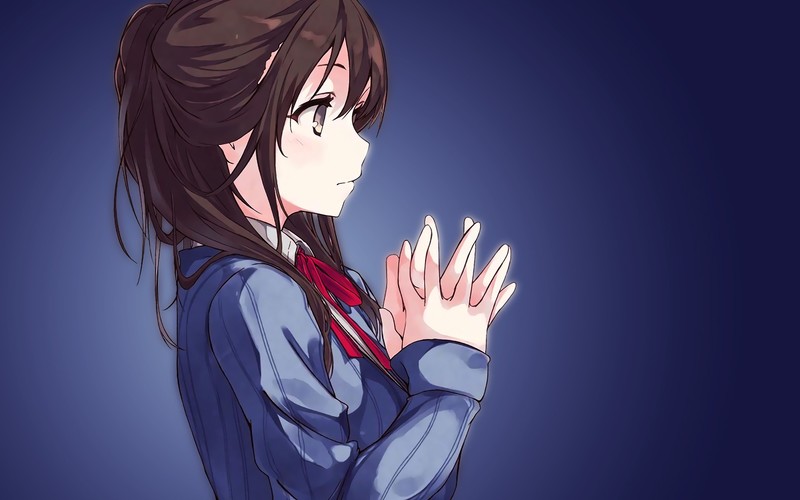 anime girls, women, brunette, side view, school uniform, schoolgirl
