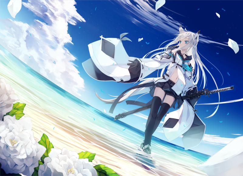 anime, anime girls, digital art, artwork, Azur Lane, katana, neko ears, Fox ears, animal ears, gloves, black gloves, sky, clouds, water, sand, beach, flowers, plants, navels, long hair, white hair, blue eyes, Kawakaze (Azur Lane)