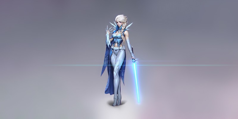 Star Wars, anime girls, anime, Jedi, lightsaber, artwork, simple background, Frozen (movie), Elsa, crossover, cyan