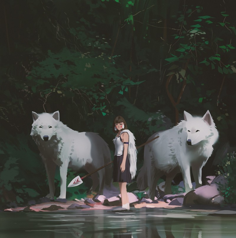 Princess Mononoke, Studio Ghibli, anime, anime girls, women, brunette, wolf, fantasy art, spear, river, forest, fantasy girl, outdoors, artwork, digital art, digital painting, illustration, fan art, Atey Ghailan