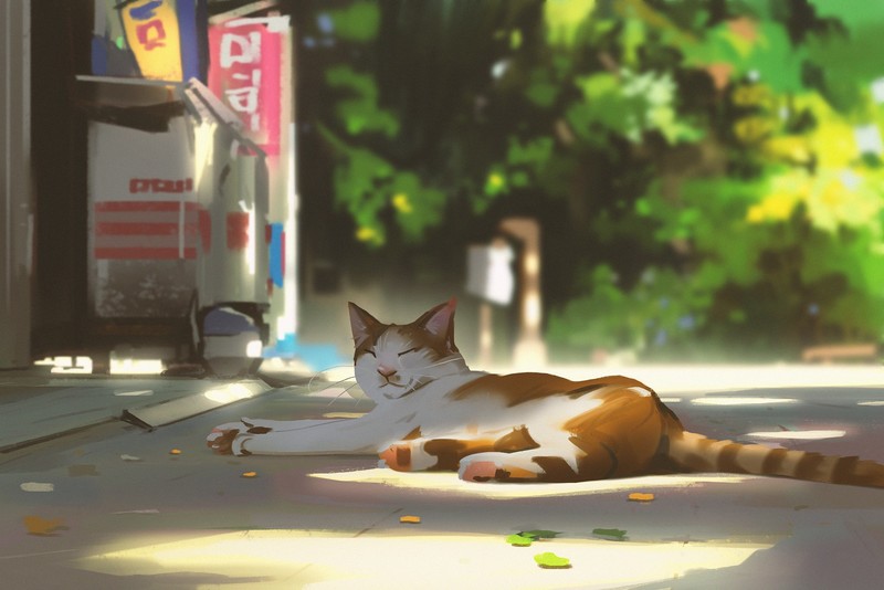 cats, animals, street, depth of field, outdoors, artwork, digital art, digital painting, illustration, Atey Ghailan