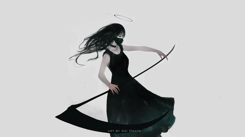 Aoi Ogata, hate-chan, simple background, gray background, black hair, black dress, looking at viewer, illustration, artwork, drawing, mask, Black Mask, dark hair, scythe, angel