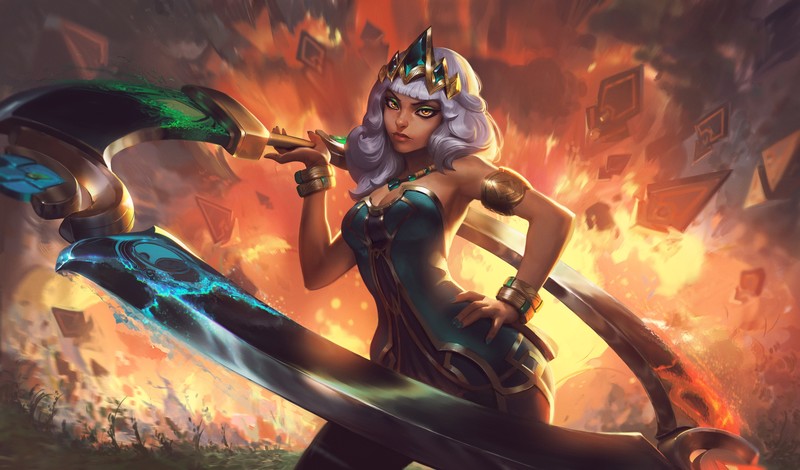 Qiyana, League of Legends, video games, video game characters, video game girls, fantasy girl, weapon, fantasy art, white hair, crown, explosion, fire, video game art, artwork, drawing, illustration, fan art, Atey Ghailan