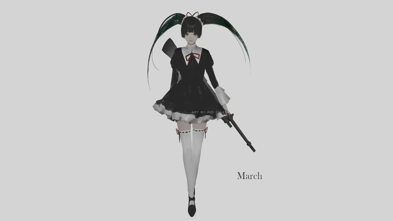 Aoi Ogata, hate-chan, simple background, gray background, black hair, black dress, looking at viewer, illustration, artwork, drawing, girls with guns, minidress, knee-highs, knee high socks, white socks, walking, legs, green hair, minimalism