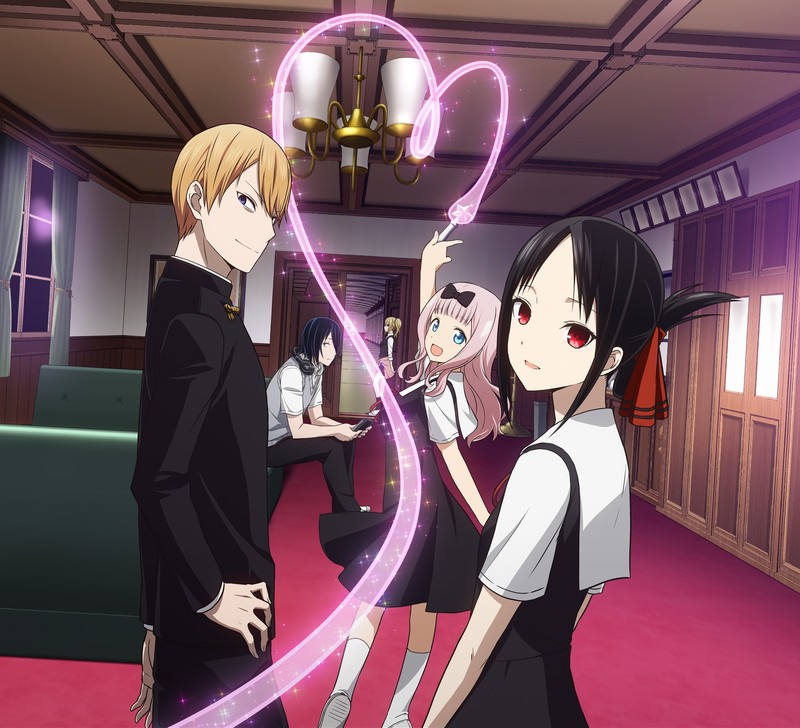 Kaguya-Sama: Love is War, Chika Fujiwara, ishigami yuu, Kaguya Shinomiya, shirogane miyuki, Hayasaka Ai, school uniform, short hair, long hair, hair ornament, red eyes, blue eyes, looking at viewer, blond hair, black hair, purple hair