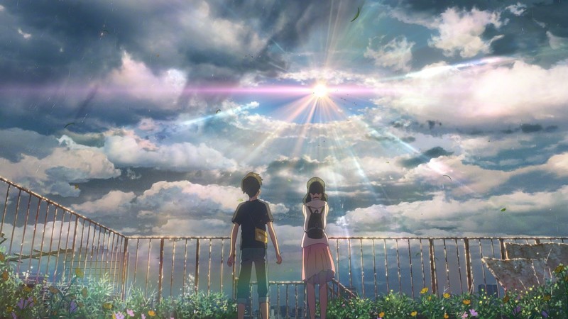 Weathering With You, anime, sun rays, clouds, sky, movie poster, back, couple, windy