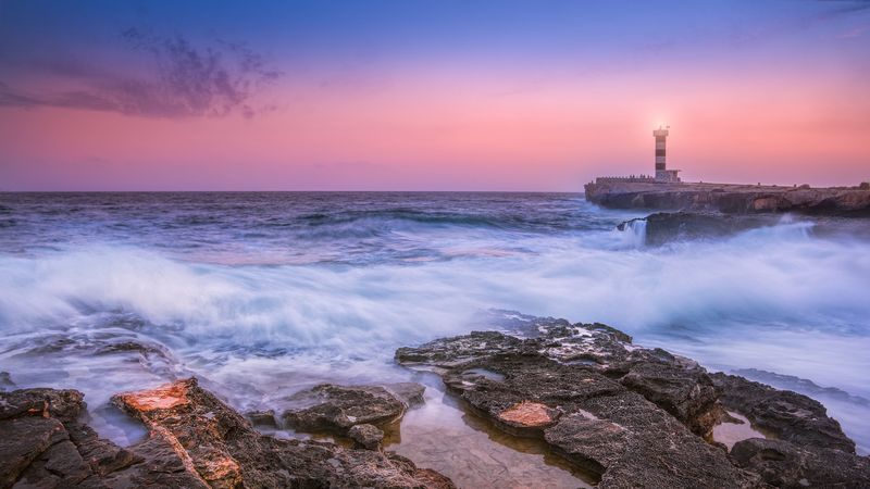 sunset, lighthouse, sea, surf, waves, stones, spain, 4k