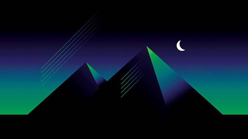 digital, digital art, artwork, illustration, colorful, Moon, moon phases, lines, pyramid, dark, dusk, glowing, green, blue, black, night, simple, simple background, minimalism, Retrowave, synthwave, purple, crescent moon