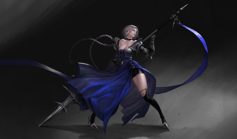 Kim Ji Hyun, warrior, women, spear, weapon, cleavage, dress, fantasy girl, fantasy art, artwork, digital art, simple background