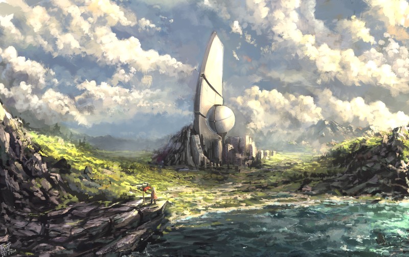 Tommy Chandra, rabbits, clouds, hills, flag, mountains, grass, futuristic city